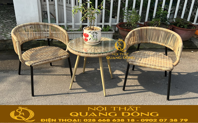 Bàn ghế sân vườn ngoài trời giả mây QD-2082 đan sợi mây nhựa tròn cao cấp bền đẹp 