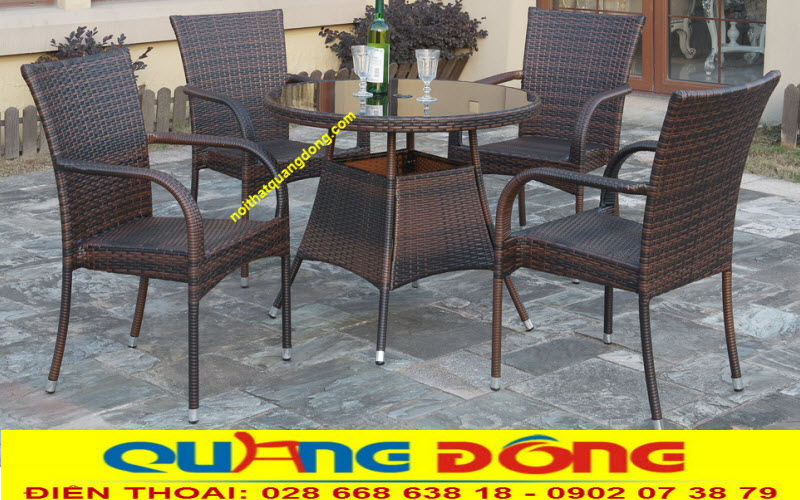 Bàn ghế giả mây QD-2039|ghế sân vườn Bàn ghế nhựa giả mây QD-2039 màu nâu đan thủ công dùng được làm bàn cafe.