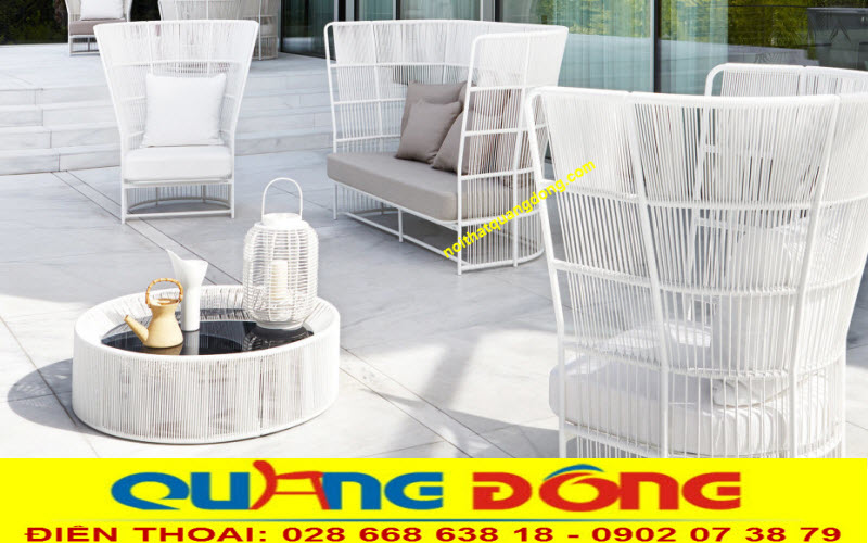 Bàn ghế giả mây QD-2067|Ghế mây nhựa|Bàn ghế sân vườn Bàn ghế giả mây QD-2067 đna sợi tròn màu trắng, khung thép sơn tĩnh điện bền chắc cho sân vườn, thiết kế ấn tượng, giá gốc, chất lượng cao