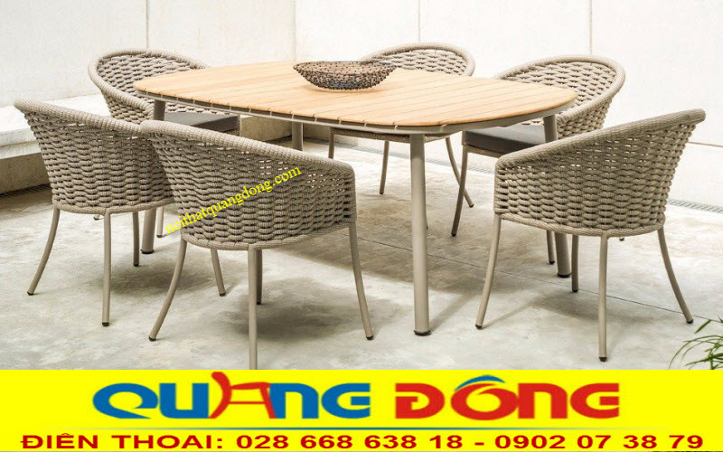 Bộ bàn ghế phong cách bàn ăn, đan sợi dù giả mây màu xám, phong cách ghế sang trọng, bàn gỗ, thiết kế đẹp, chất lượng cao, giá tốt