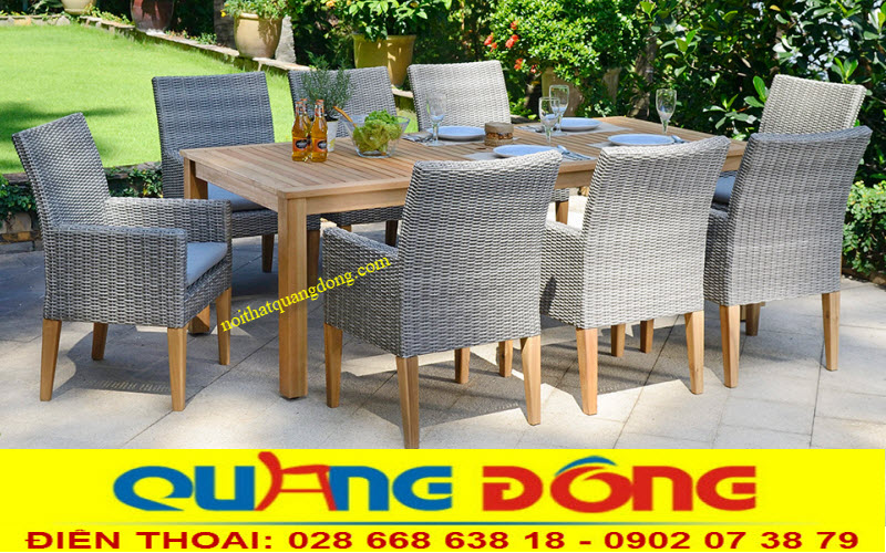 Bàn ghế giả mây QD-313|Bàn ghế sân vườn Mẫu thiết kế bàn ghế giả mây sân vườn lấy cảm hứng từ đan mây tre, bộ bàn ghế màu xám khung gỗ cao cấp, chất lượng cao.