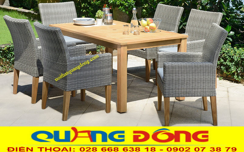 Bàn ăn mây nhựa | Bàn ghế giả mây qd-313 Mẫu bàn ăn sang trọng, quý phái cho sân vườn biệt thự, resort, nhà hàng, mẫu bàn ghế sân vườn chất liệu nhựa giả mây bán nguyệt màu xám đẹp.