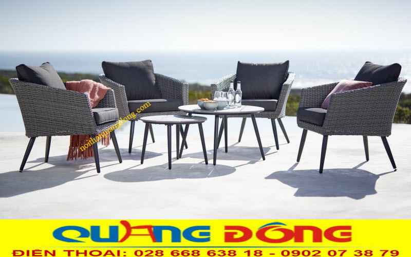 Bàn ghế mây nhựa | Mẫu bàn ghế sân vườn Bộ bàn ghế mây nhựa combo 4 ghế, 2 bàn phong cách, đan mây nhựa kiểu lóng mốt màu xám chu kỳ, ghế sân vườn bền đẹp.