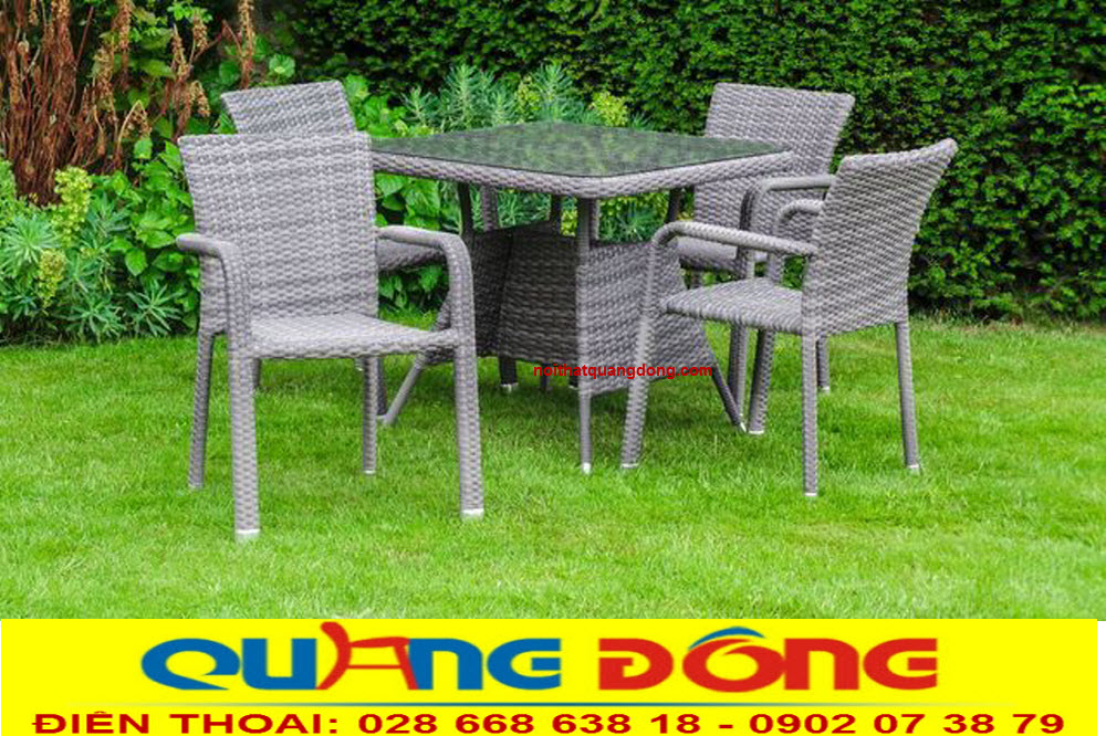 Bàn ghế mây nhựa QD-326|Bàn ghế ngoài trời đẹp. Bàn ghế giả mây QD-326 khung bằng thép sơn tĩnh điện, đan thủ công sợi nhựa giả mây cao cấp