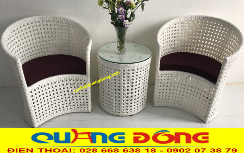 Mẫu ghế nhựa giả mây đan mắt cáo Bộ bàn ghế giả mây cao cấp QD-344 màu trắng tinh khôi sang trọng