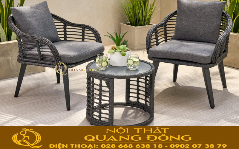 Bàn ghế giả mây ngoài trời sân vườn Mẫu bàn 2 ghế dùng cho ban công, sân vườn ngoài trời tuyệt đẹp, bộ bàn ghế giả mây QD-350