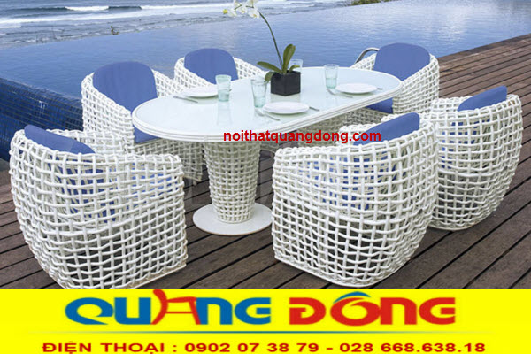 Bàn ghế giả mây QD-369|Bàn ghế mây nhựa|Nội Thất Quang Đông Bàn ghế nhựa giả mây QD-369 đan mây nhựa màu trắng sợi nhựa bản lơn, cao cấp cho không gian đẹp không tỳ vết