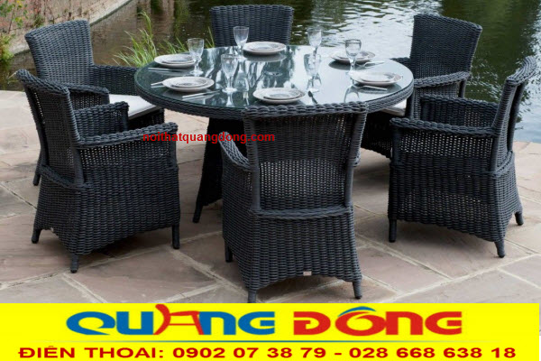 Ghế giả mây đan sợi nhựa tròn Bộ bàn ghế giả mây QD-382 đan sợi nhựa giả mây bản tròn siêu bền, có hoạt chất kháng UV tia cực tím chịu mưa nắng tốt