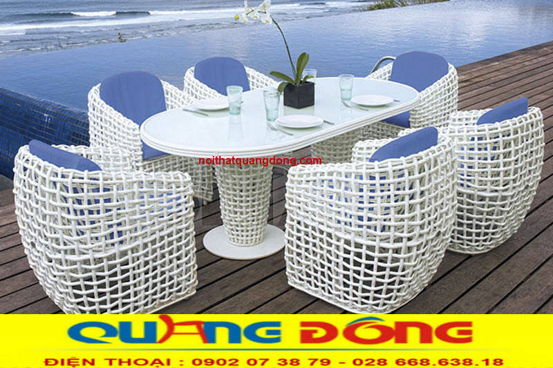 Bàn ghế ngoài trời|Bàn ghế giả mây QD-369 Bàn ghế nhựa giả mây QD-369 đan thủ công mỹ nghệ bằng sợi nhựa giả mây bản lớn, dạng bán nguyệt.