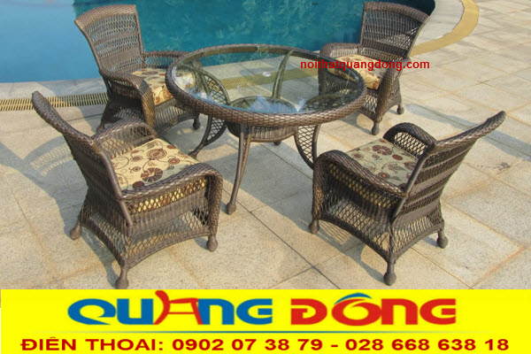 Bàn ghế mây nhựa QD-384|Ghế mây nhựa sân vườn. Bàn ghế nhựa giả mây QD-384, đan sợi nhựa sợi tròn, màu sắc đẹp, dành cho ban công, sân vườn, khách sạn, resort.