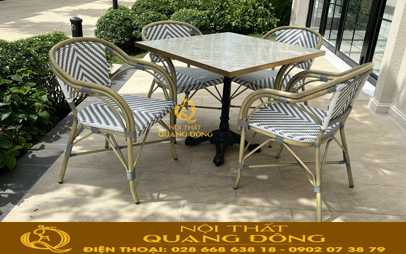 Bàn ghế giả mây QD-2086 sơn tĩnh điện màu vàng sang trọng