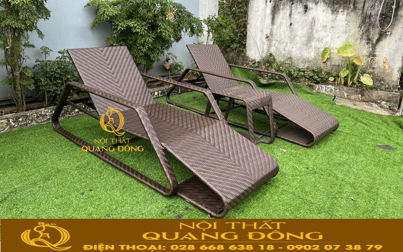 Ghế nằm hồ bơi QD-591 màu nâu giả gỗ của những sợi mây nhựa cao cấp keo zin chính phẩm